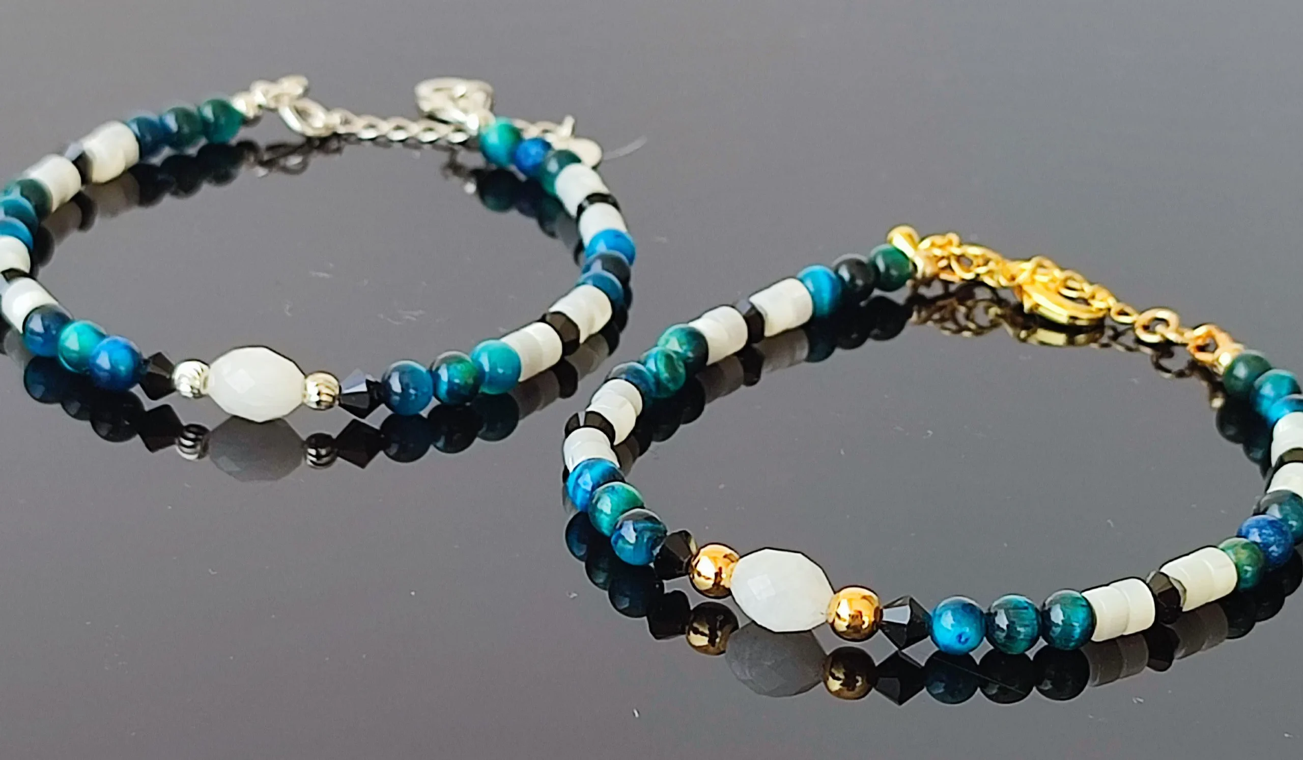 Bracelet Œil de Tigre Bleu, Pierre de Lune et Nacre – Argent 925 ou Gold Filled 14K – Image 6