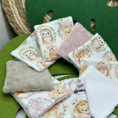 Lingettes lavables bébé motifs animaux savane éponge bambou, coton, polaire au choix - ATELIERSDISA