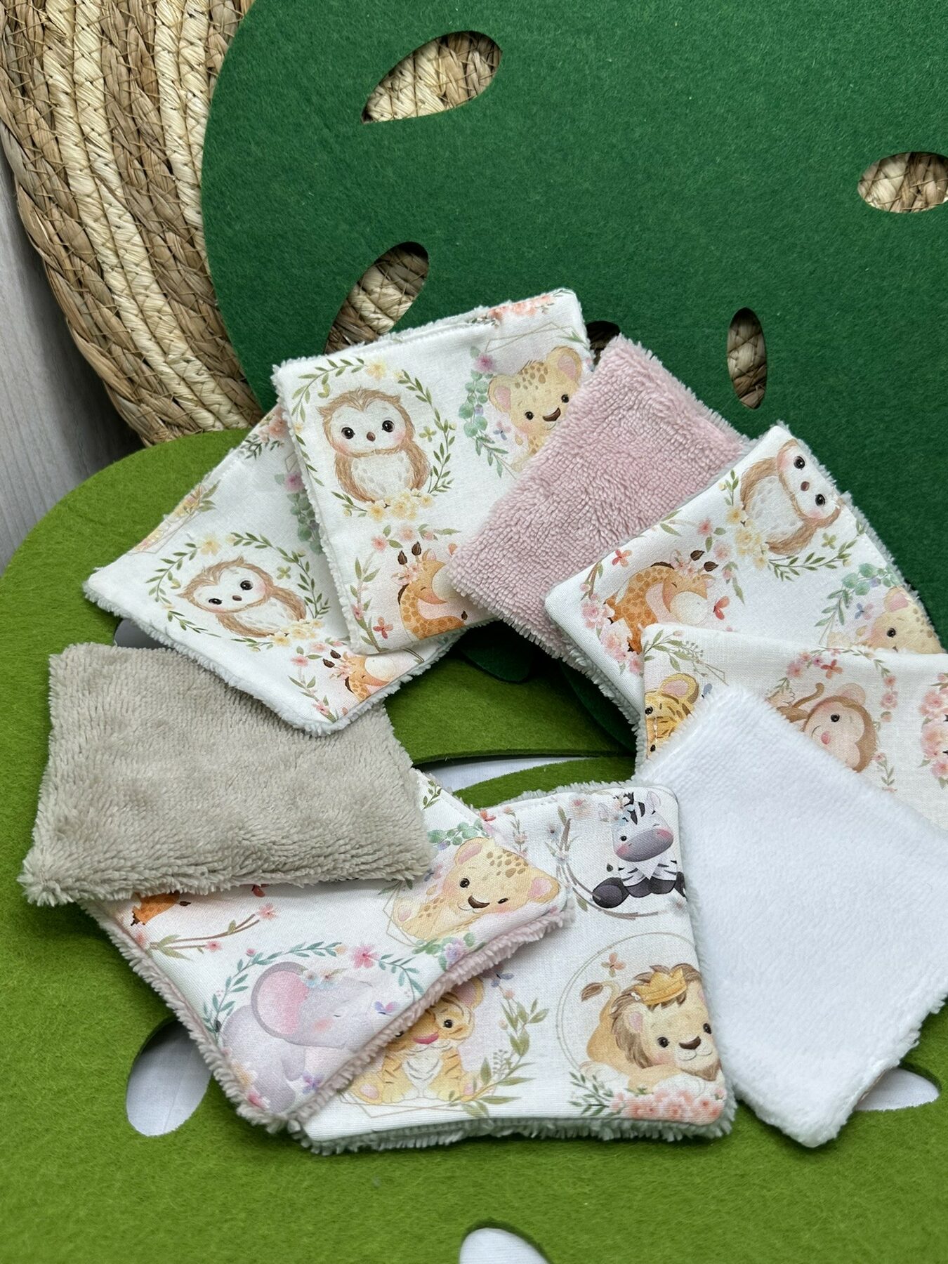 Lingettes lavables bébé motifs animaux savane éponge bambou, coton, polaire au choix - ATELIERSDISA