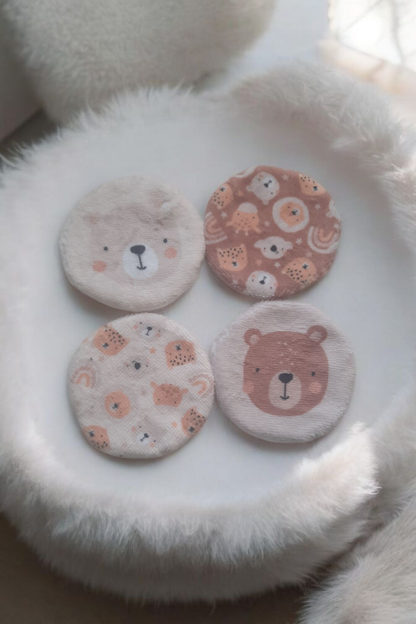 Lot de 4 Lingettes Lavables Rondes – Collection Petit Ourson
