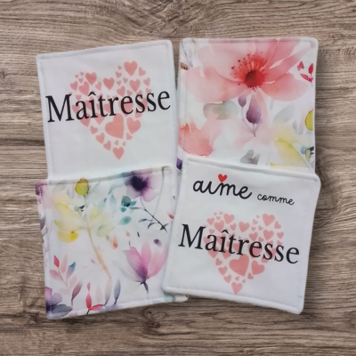 Lot 4 lingettes démaquillantes personnalisées maîtresse – Cadeau fin d’année scolaire