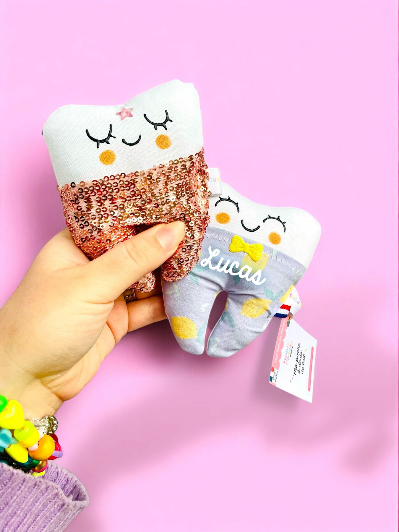 Boîte à dents de lait en tissu à sequin rose