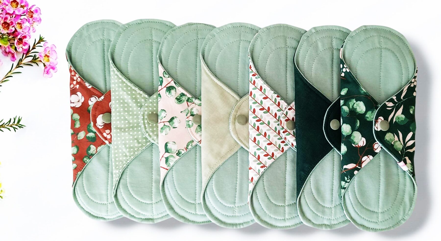 Pack 7 serviettes hygiéniques lavables EUCALYPTUS (M/ Flux normaux à moyens) - serviettes menstruelles lavables - serviettes menstruelles lavables - Zéro déchet - shl - serviettes périodiques