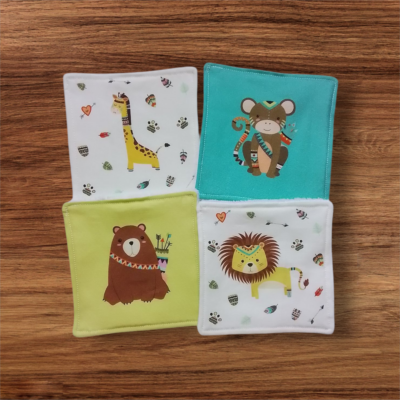Lot de 4 Lingettes Lavables Bébé - Éponge de Bambou et coton, Motifs Animaux