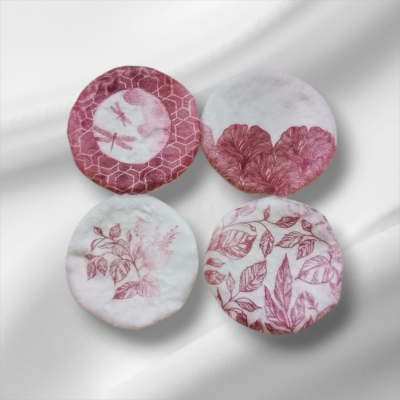Lot de 4 Lingettes Rondes en Éponge Bambou & Microfibre - Motif Ginkgo Rose