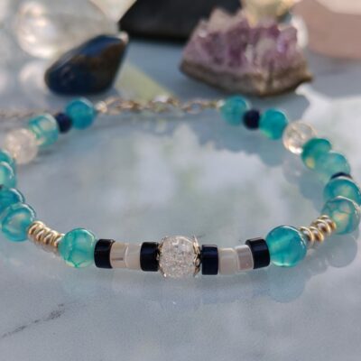 Bracelet en Argent 925 et Agate bleu veine du dragon Cristal de roche et lapis lazuli