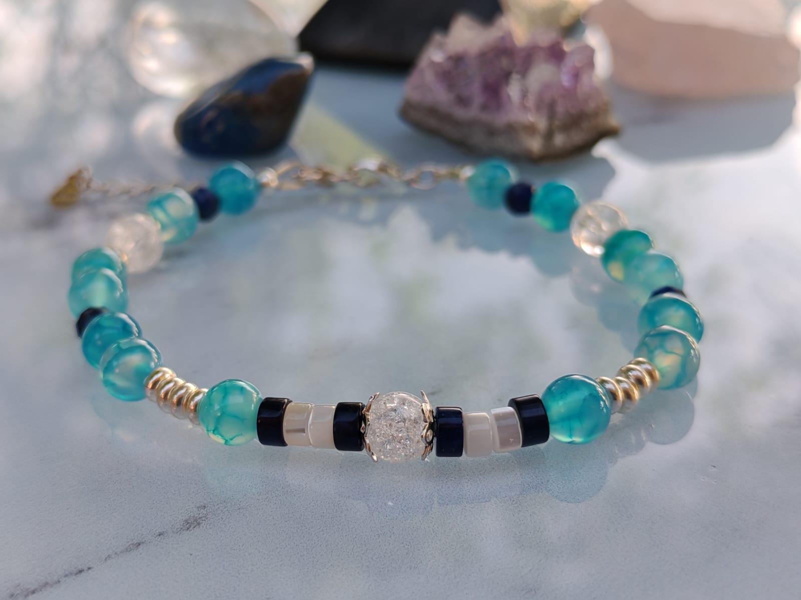 Bracelet en Argent 925 et Agate bleu veine du dragon Cristal de roche et lapis lazuli
