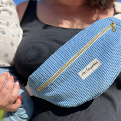Sac banane en velours cotelé - bleu doux fait main