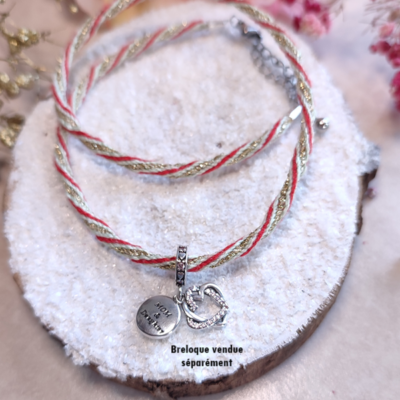 Collier kumihimo rouge vert et doré et son double charm en argent.