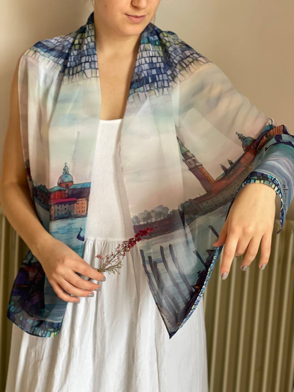 Écharpe en soie mousseline "Venise", bleu azur