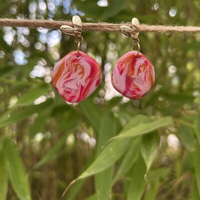 Boucles d’oreilles en pâte polymère « Tutti frutti » palet et coeur doré