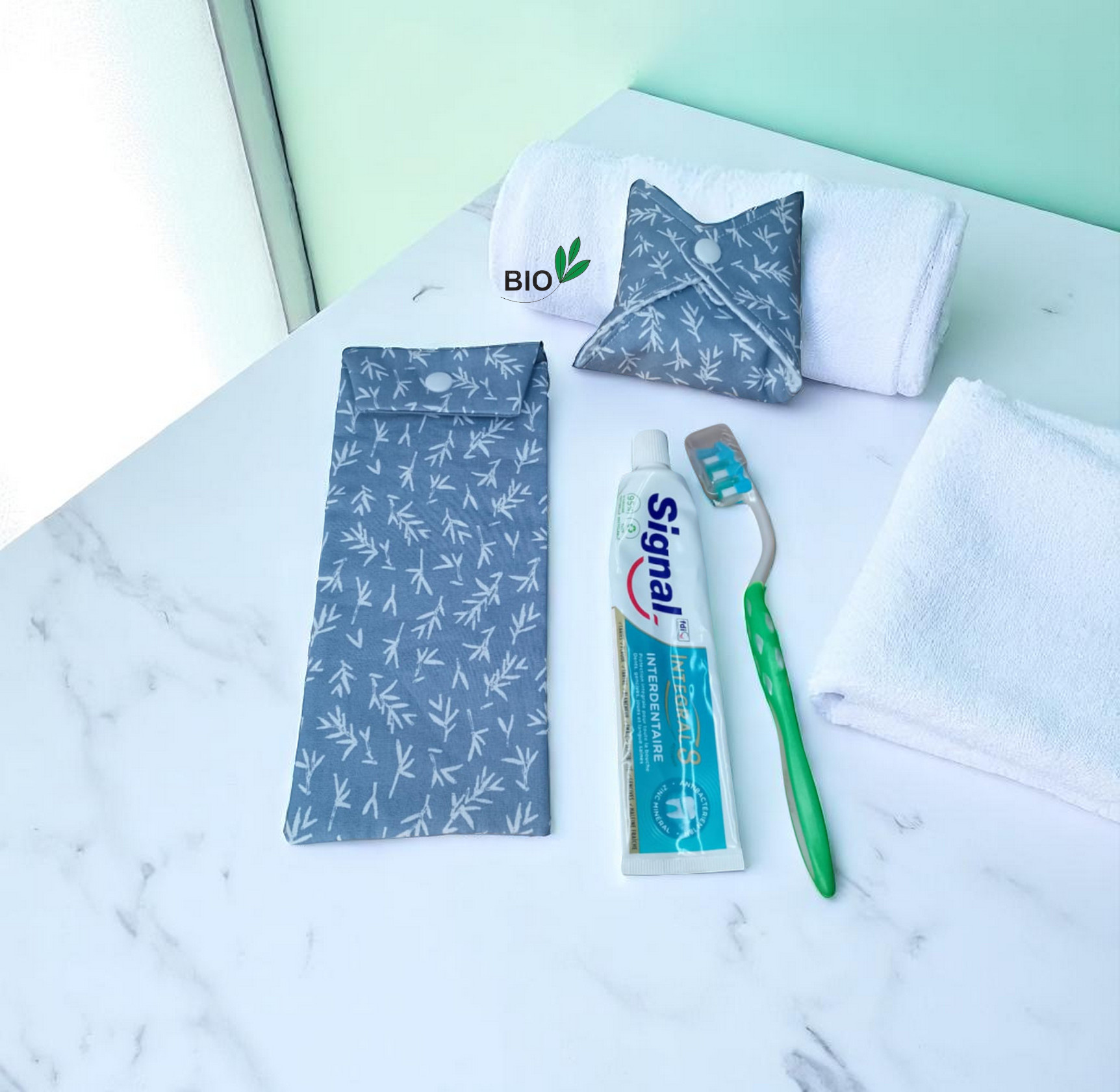 Etui pour brosse à dents et dentifrice nomade en coton biologique, pochette à savon offerte modèle au choix