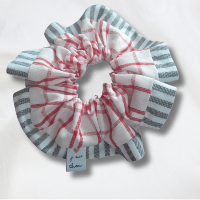 Chouchou adorée carreaux rouges et blancs + rayures grises
