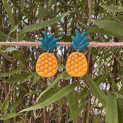 Boucles d’oreilles « Ananas » en pâte polymère, jaunes et vertes