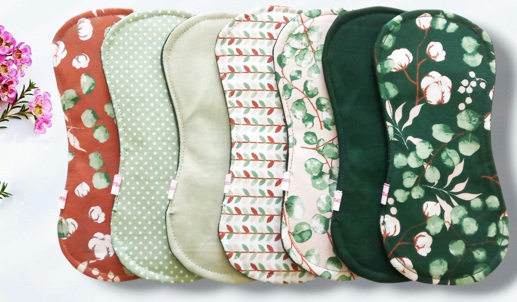 Pack 7 serviettes hygiéniques lavables sans ailettes EUCALYPTUS - (S/ Flux normaux jour et nuit) - serviettes menstruelles lavables - serviettes hygiéniques alternatives - Zéro déchet - shl - serviettes périodiques