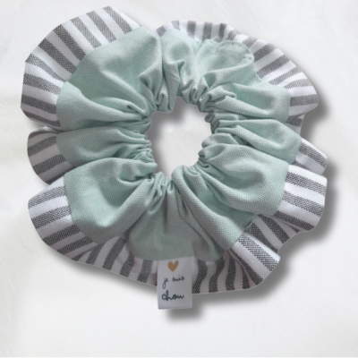 Chouchou adorée bi-matière vert + gris à rayures