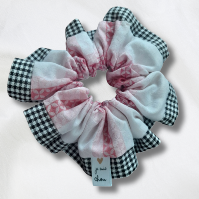 Chouchou adorée bi-matière rose à carreaux + vichy noir