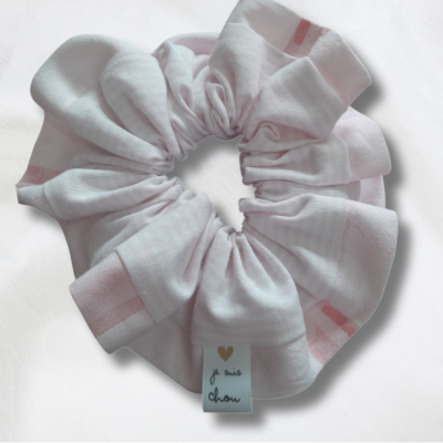 Chouchou adorée bi-matière rose à rayures + rose à carreaux