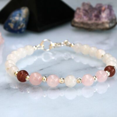 Bracelet fin en pierre de lune, quartz rose et quartz fraise avec perles argent 925