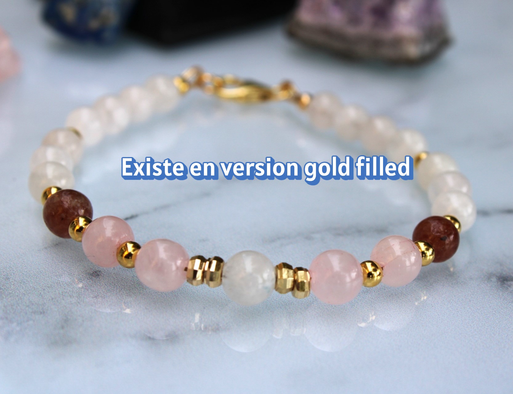 Bracelet fin en pierre de lune, quartz rose et quartz fraise avec perles argent 925 – Image 6