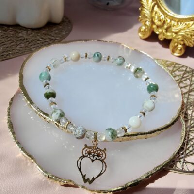 Gufo – Bracelet en Agate Arbre, Quartz naturel et charme chouette, acier inoxydable, plaqué or