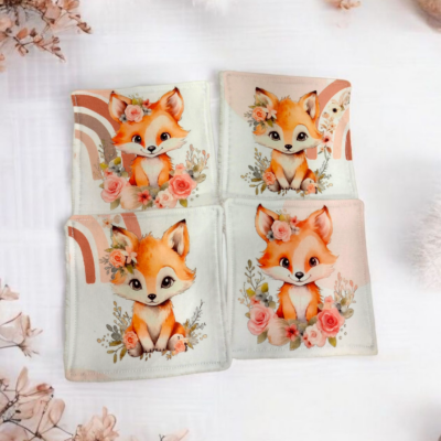 Lot de 4 lingettes lavables renard – coton premium & éponge de bambou Oeko-Tex® fait main