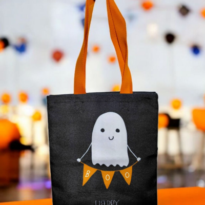 Tote-bag Halloween en toile Canvas fait main – Motif fantômes "Boo & Trick or Treat"