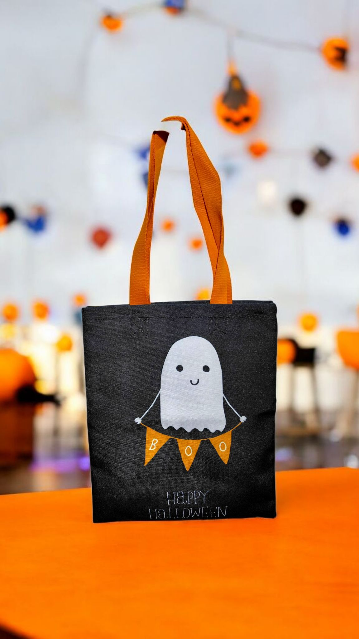 Tote-bag Halloween en toile Canvas fait main – Motif fantômes "Boo & Trick or Treat"