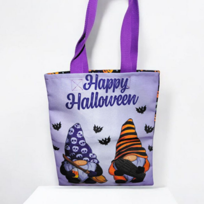 Tote-bag Halloween en toile Canvas fait main – Motif gnomes et citrouilles