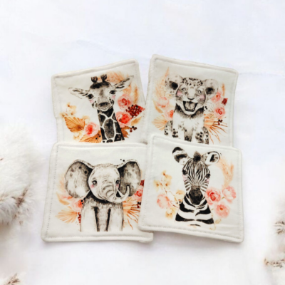 Lot de 4 lingettes lavables en bambou et coton Oeko-Tex® motif animaux de la savane – Fait main