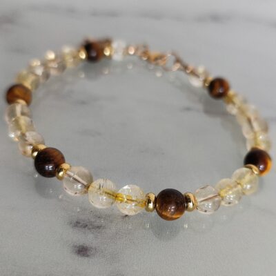 Bracelet Citrine et Œil de tigre breloque arbre de vie en Gold Filled