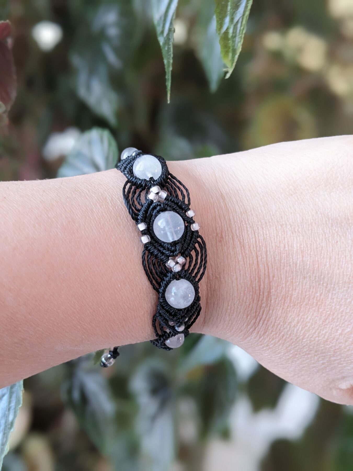 Bracelet Macramé Noir Quartz Rose Clair /Bijou Créateur/lithothérapie – Image 2
