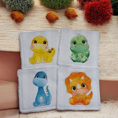 Lot de 4 lingettes lavables motif Dinosaures – fait main