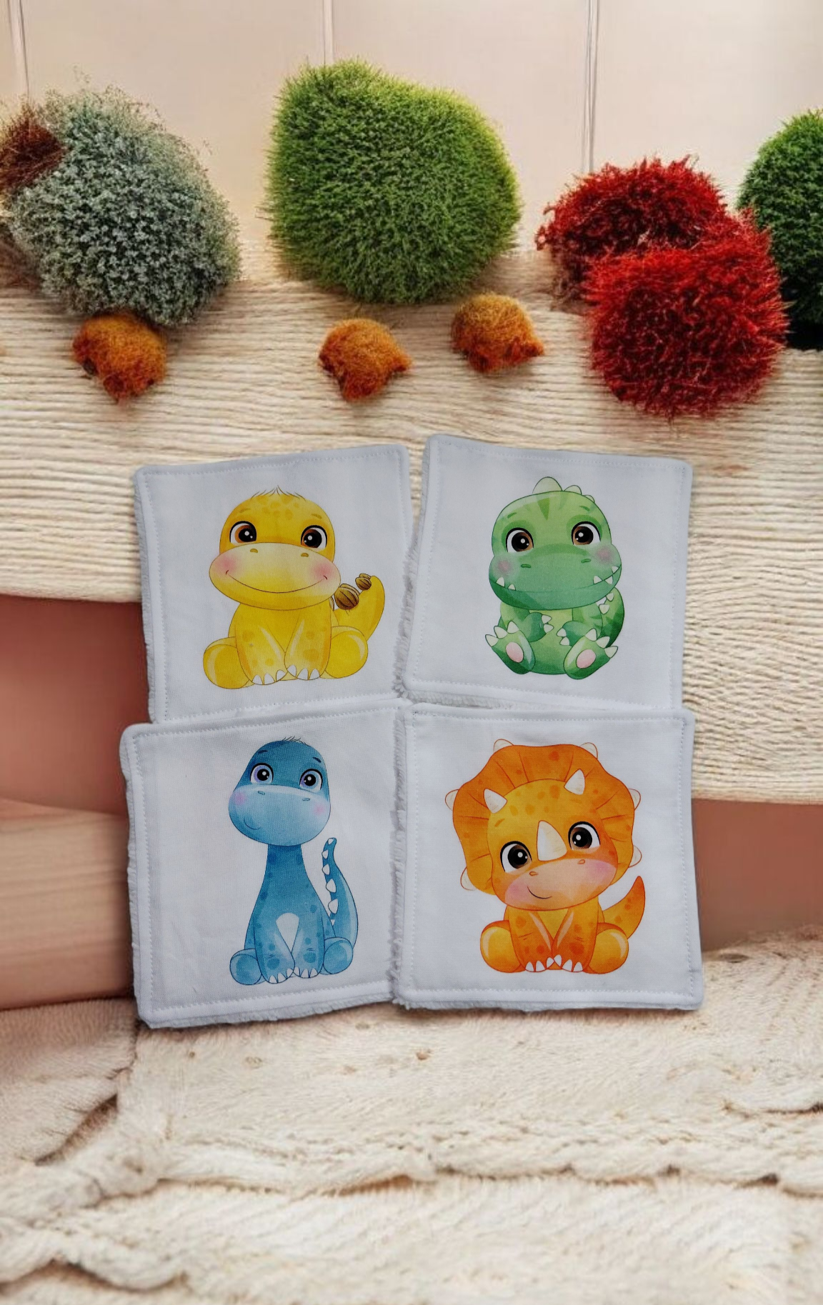 Lot de 4 lingettes lavables motif Dinosaures – fait main