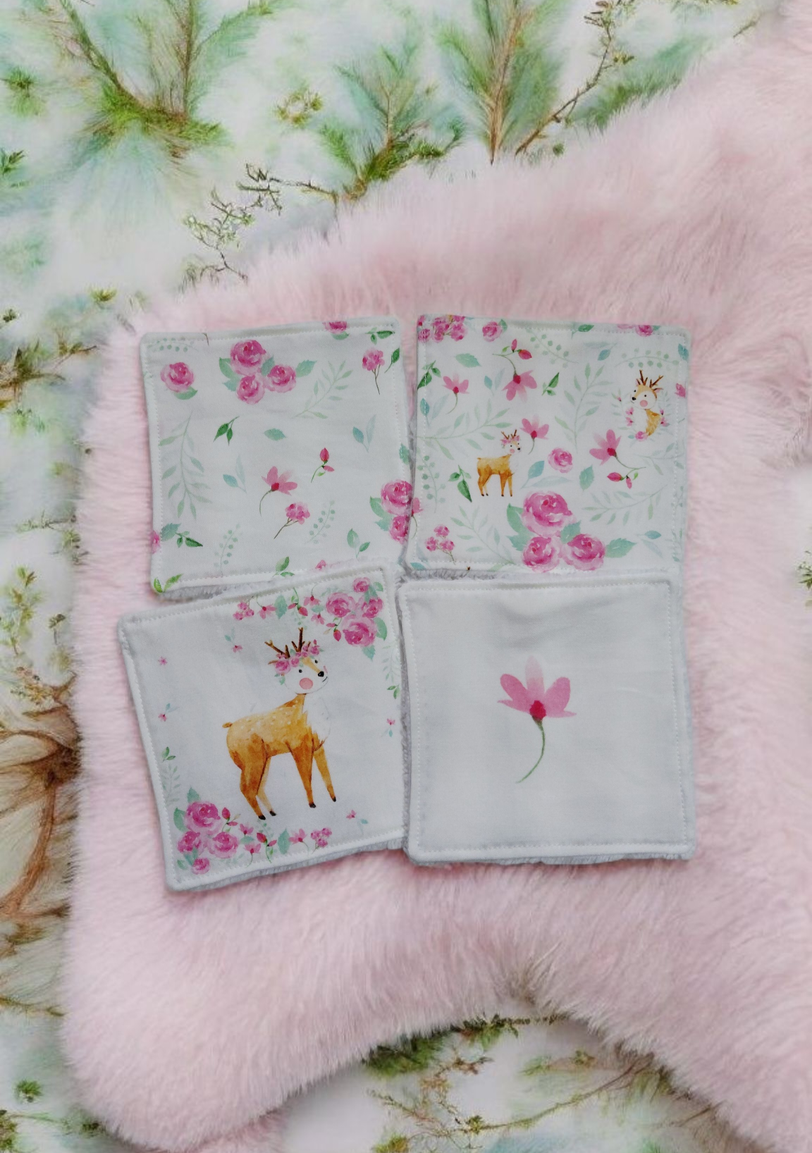 Lot de 4 lingettes lavables motif cerf aquarelle – fait main