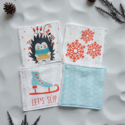 Lot de 4 lingettes démaquillantes lavables motif hiver – fait main en coton et éponge de bambou Oeko-Tex®