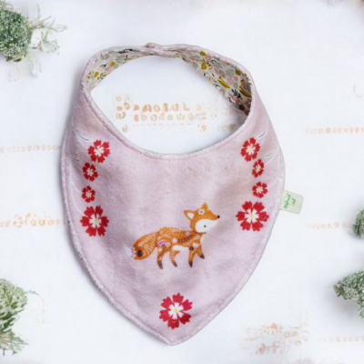 Bavoir bandana réversible bébé 0-9 mois – éponge de bambou motif renard et coton Oeko-Tex®