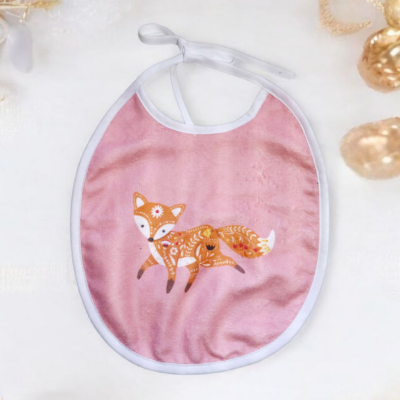 Bavoir rond bébé en éponge de bambou – motif renard – fait main Oeko-Tex®