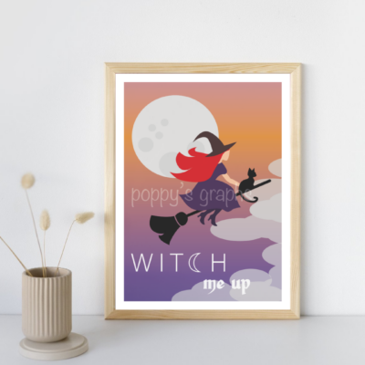 affiche halloween sorcière devant lune avec chat noir