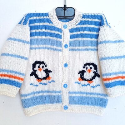 Gilet bébé tricot, fait main, taille 6 mois, avec des pingouins
