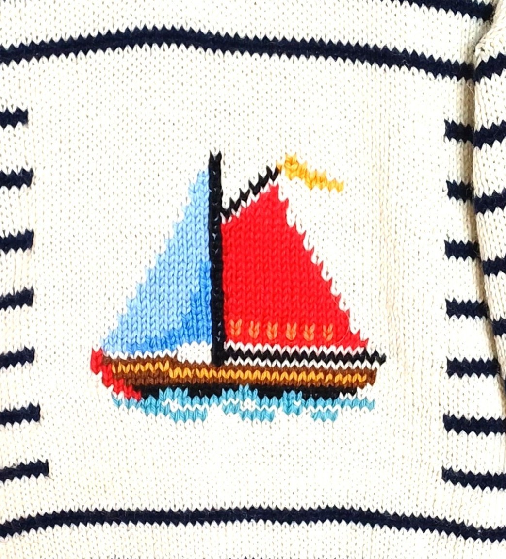 Pull enfant 2 ans, style marin, tricoté main, avec un bateau, – Image 2
