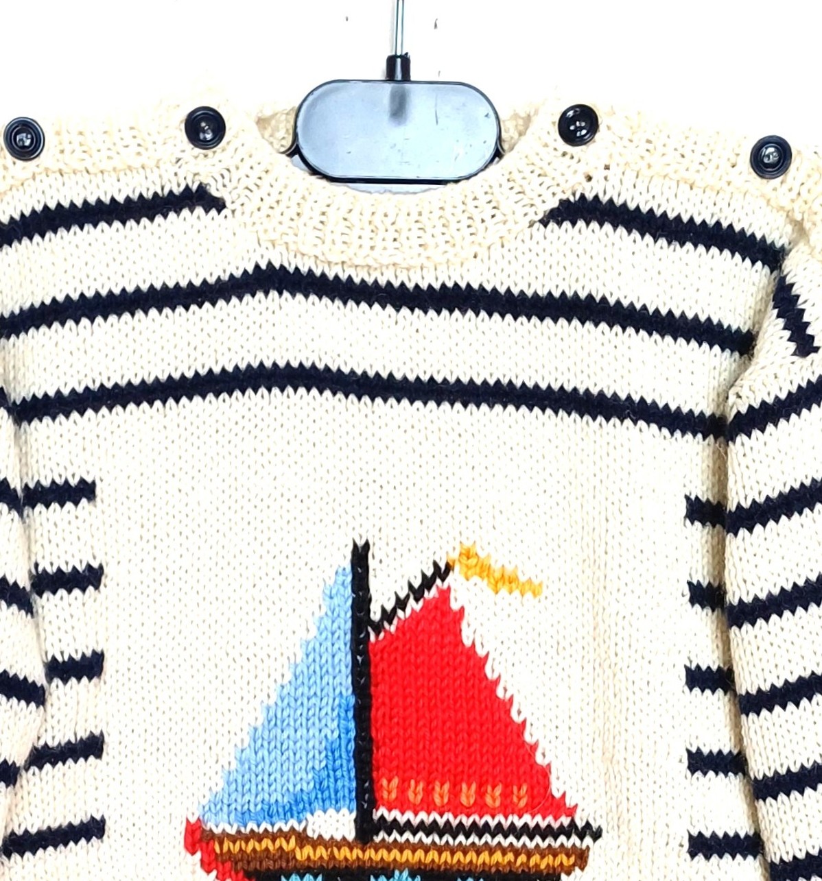 Pull enfant 2 ans, style marin, tricoté main, avec un bateau, – Image 3