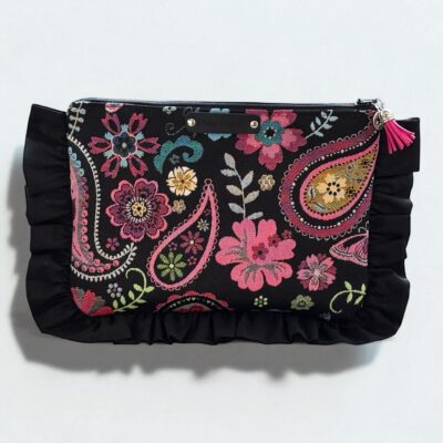 💫 Sac “So Cute” en Jacquard Fleuri Noir et Fronces Noires – Création Artisanale Française