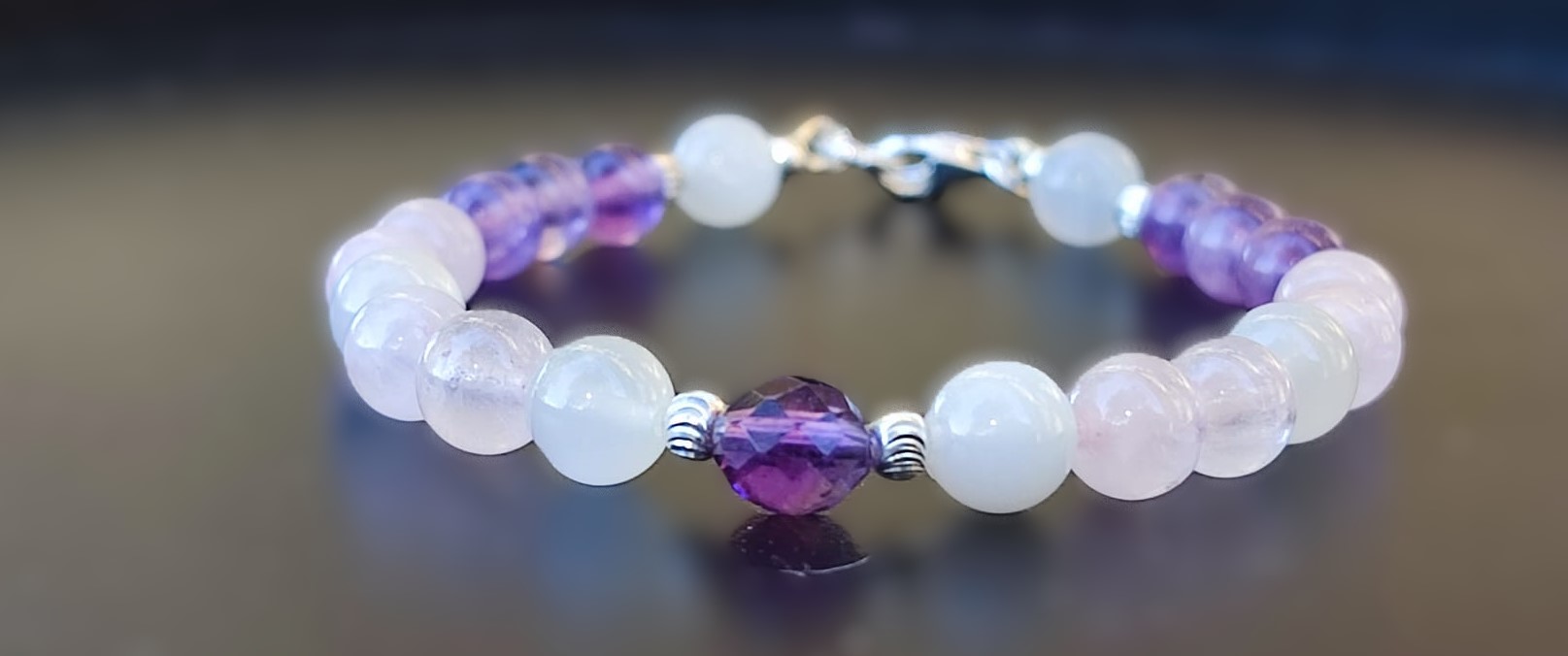 Bracelet en Pierre de Lune, Quartz Rose et Améthyste sur argent 925