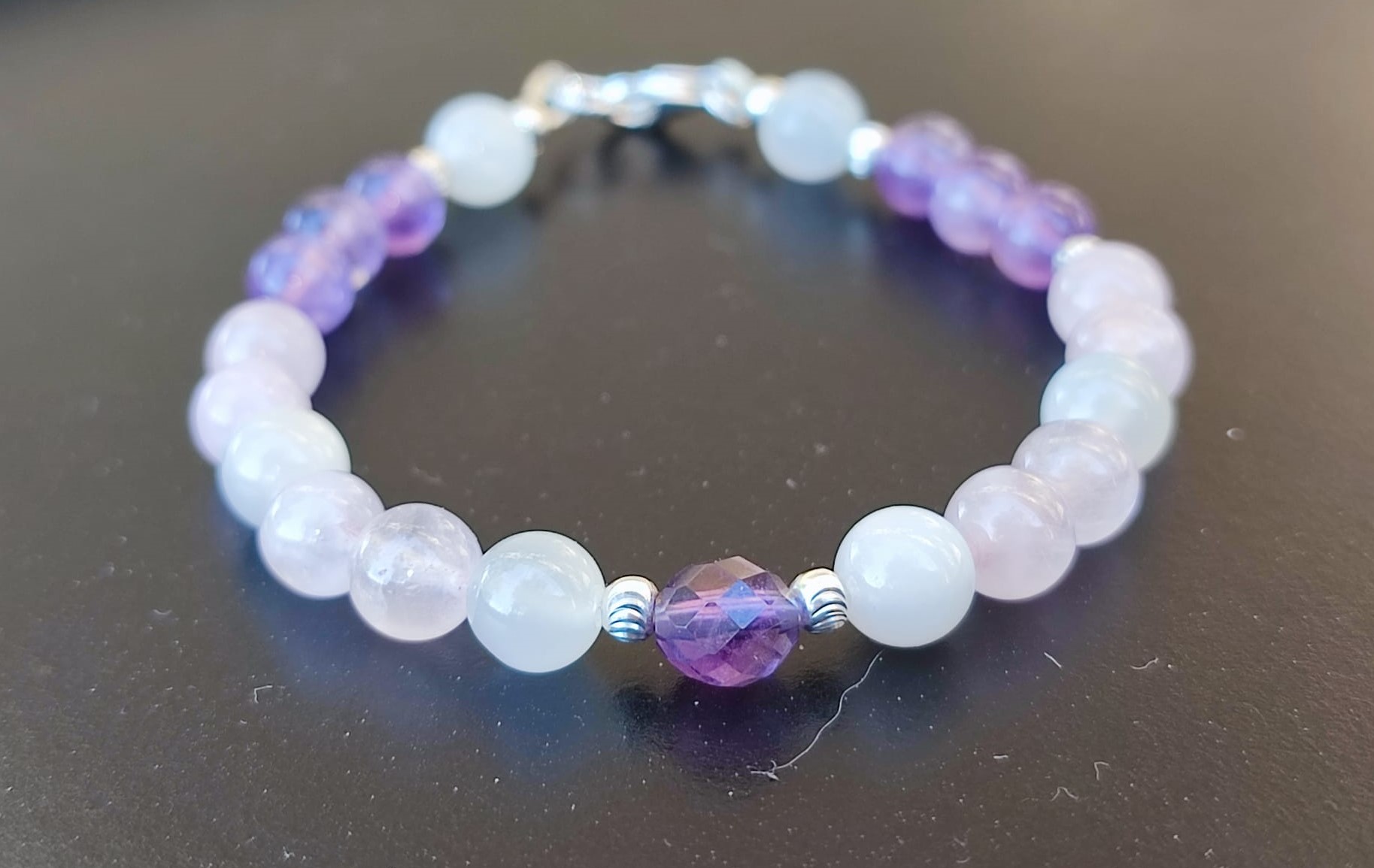 Bracelet en Pierre de Lune, Quartz Rose et Améthyste sur argent 925 – Image 2