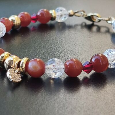 Bracelet en cristal de roche craquelé et Agate Rouge sur gold filled