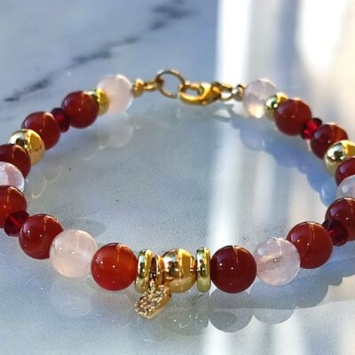 Bracelet Agate Rouge et Quartz Rose en Gold Filled