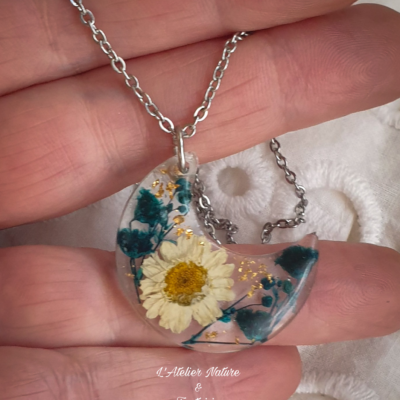 Collier Artisanal “ Lune Grande Camomille ” ( Argenté )-Made in France