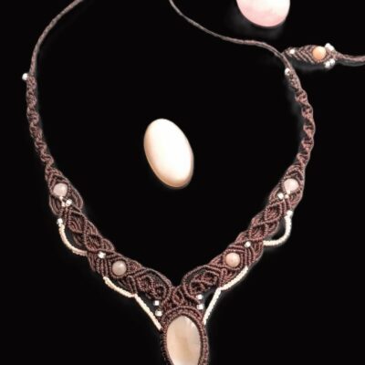 Collier Macramé Pierre De Lune Et Quartz Rose Fait Main -Lithothérapie