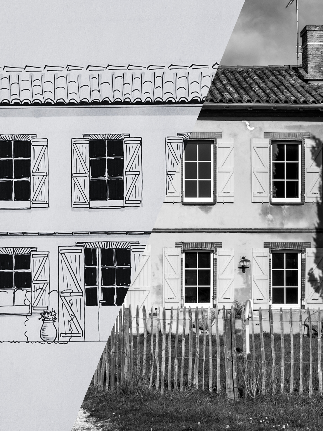 avant/apres dessin/gravure à la main de la façade d'une métairie